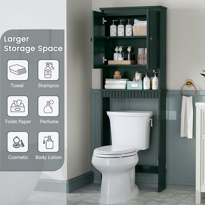 Over The Toilet Storage Cabinet, Over The Toilet Storage with Fluted Door Over The Toilet Cabinet with Adjustable Shelf Above The Toilet Storage Cabinet for Bathroom Organizer, Forest Green