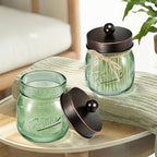 SheeChung Green Glass Qtip Holder Dispenser, Mason Jar Apothecary Jars with Lids, Bathroom Organizers and Storage, Vanity Countertop Canisters Set for Cotton Swab, Ball, Pad, Floss Pick-ORB, 2 Pack