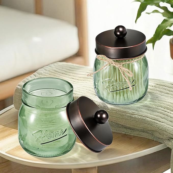SheeChung Green Glass Qtip Holder Dispenser, Mason Jar Apothecary Jars with Lids, Bathroom Organizers and Storage, Vanity Countertop Canisters Set for Cotton Swab, Ball, Pad, Floss Pick-ORB, 2 Pack