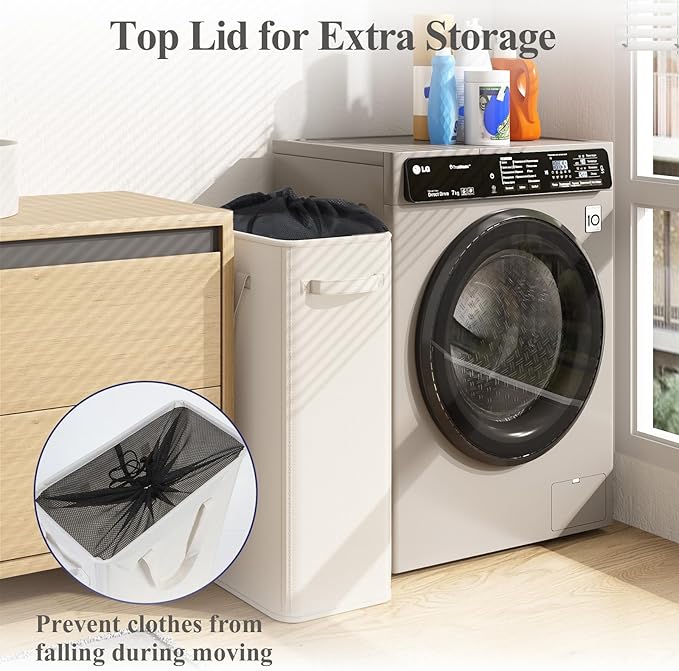 50L Baby Laundry Hamper for Nursery, Slim Laundry Hampery with Handles, Narrow Laundry Basket for Dorm, Bedroom, Living Room, Collapsible Laundry Basket, White