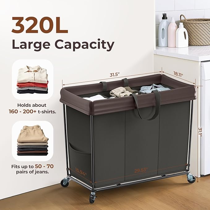 320L Laundry Hamper with Wheels, 3 Section Large Rolling Laundry Basket Bag with Wheels, Clothes Hamper Cart for Laundry, Bedroom, Bathroom and Dorm