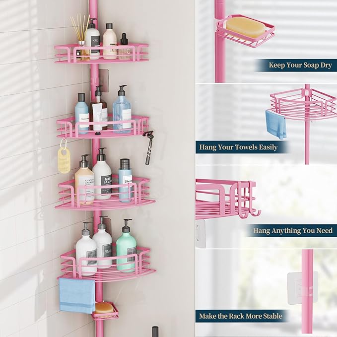 Consumest Corner Shower Caddy Tension Pole - Rustproof Shower Shelves with Towel Bar & Soap Holder, Adjustable Bath Organizer for Bathroom Storage, 27.6-108.3 inch, Pink