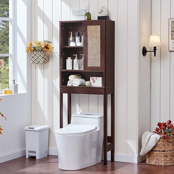 LEYAOYAO Rattan Over The Toilet Storage Cabinet, Farmhouse Over Toilet Bathroom Organizer with Sliding Door, 68" Tall Freestanding Washer Shelf with Adjustable Shelf & Curved Profile, Walnut