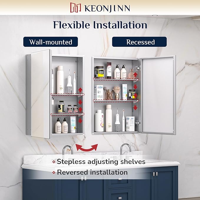 Keonjinn 64 x 32 Inch Medicine Cabinet, Assembly Required, Silver Bathroom Medicine Cabinets Mirror, Lightweight, Adjustable Shelves, Surface Mount or Recessed, Tempered Glass