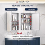 Keonjinn 64 x 32 Inch Medicine Cabinet, Assembly Required, Silver Bathroom Medicine Cabinets Mirror, Lightweight, Adjustable Shelves, Surface Mount or Recessed, Tempered Glass