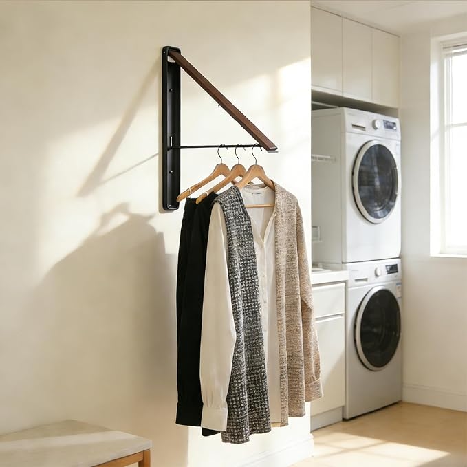 Clothes Drying Rack Wall Mounted for Laundry, Retractable & Foldable Clothes Hanger, Indoor Outdoor Wall Dryer Rack Organization for Dorm, Closet, Apartment, Balcony, Laundry, Rv, Walnut