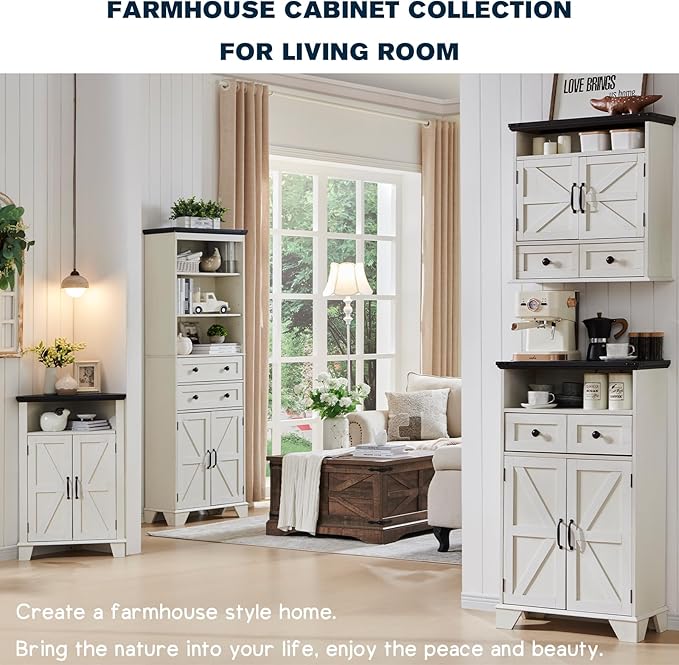 ACCOHOHO Corner Bathroom Cabinet, Farmhouse Small Corner Cabinet with Barn Door & Adjustable Shelf, Storage Cabinets for Bathroom, Kitchen, Living Room, Off White