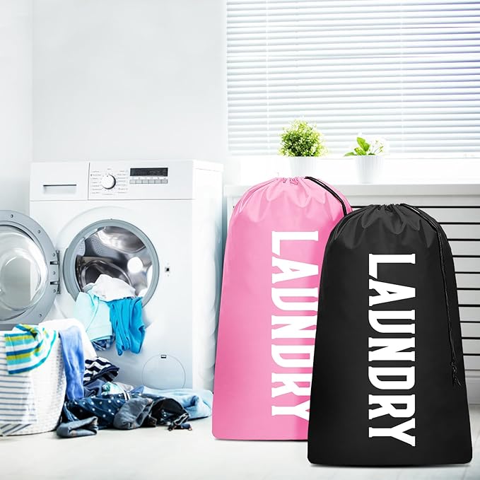 2 Pack XL Travel Laundry Bag, Machine Washable Dirty Clothes Organizer, Large Enough to Hold 4 Loads of Laundry, Easy Fit a Laundry Hamper (Black + Pink)
