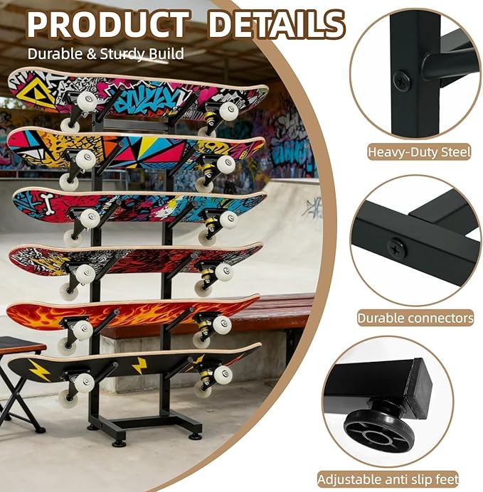 6-Tiers Skateboard Racks Floor Stand, Skateboard Wall Mount, Snowboard Racks, Skateboard Wall Decor For Homes Garages Skate Shops Gym(Black)