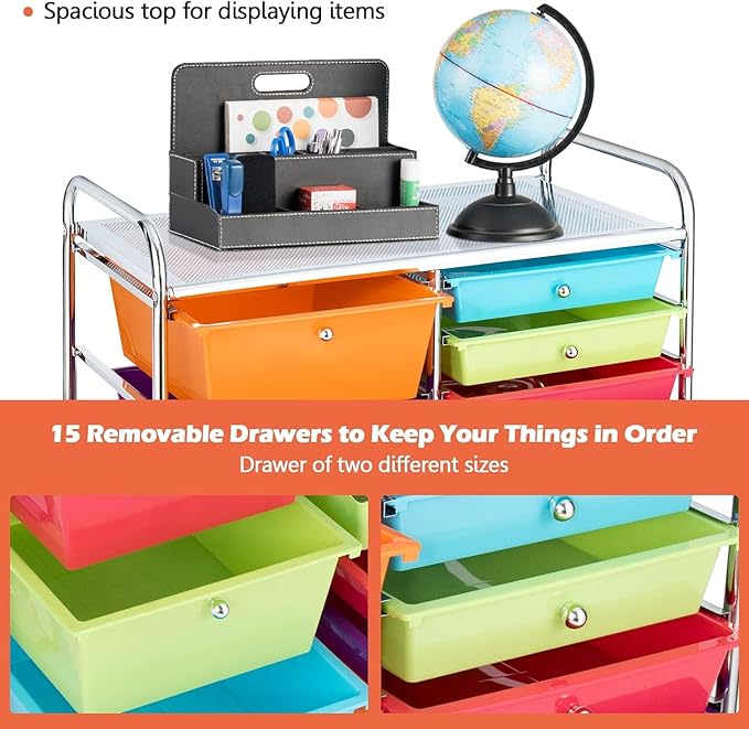 LUARANE Rolling Cart with 15 Drawers, Craft Storage Cart with Portable Handles & Lockable Wheels, Mobile Toys Organizer, Large Capacity Utility Drawer Cart Home Office School Teacher (Multi-colored)