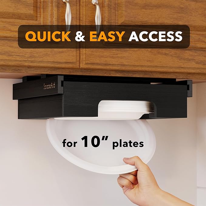 SpaceAid 10-inch Paper Plate Dispenser (Need 11.3 Inches Deep Cabinet Space) Under Cabinet Bamboo Plates Holder, Kitchen Vertical Dipensers Caddy, Black