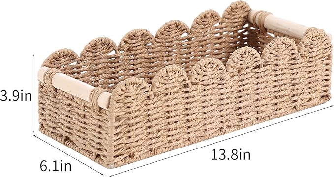 Bathroom Basket Organizer Toilet Paper Storage Basket Rectangle Basket with 2 Wooden Handle Wicker Storage Baskets for Shelves Back of Toilet Baskets Natural
