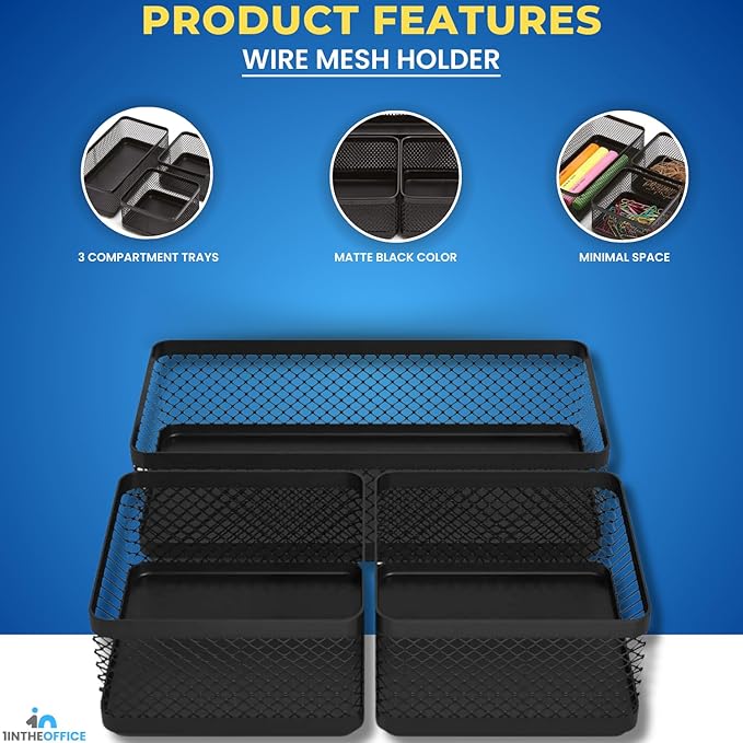 1InTheOffice Mesh Collection Desk Drawer Organizer Tray 3 Compartment - Stackable, Matte Black (2pack)