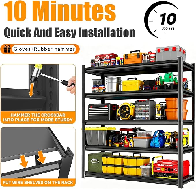 5 Tier Shelving Unit, Heavy Duty Metal Garage Shelves for Storage, Adjustable Standing Shelf Units for Basement Organizer, 24" W x 14" D x 63" H