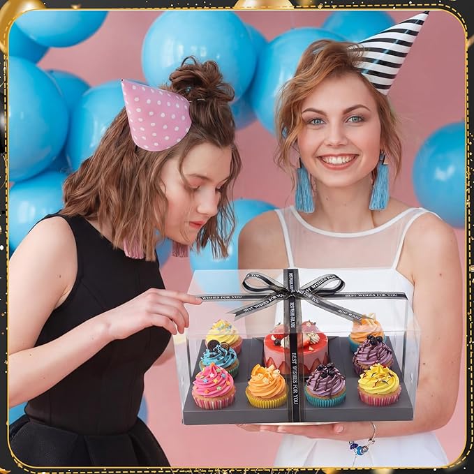 8 Pack 1+8 Bento Cake Boxes with Cupcakes Combo Bento Boxes with Clear Lid Fit Ribbon 8 Cupcakes and 1 Mini Cake for Wedding Birthday Party Treats Muffins Bakery Supplies (Black)