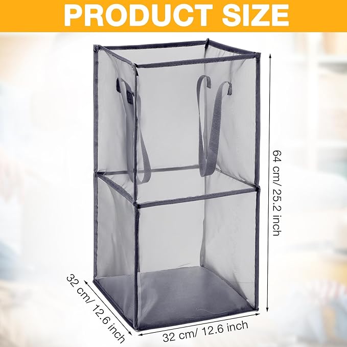 Zopeal 3 Pack Popup Laundry Hamper 13 Inch Collapsible Laundry Baskets with Handles Mesh Clothes Baskets Portable Foldable Clothes Hamper Square Bin for Washing (Grey,Double-layer)