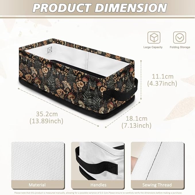 Storage Bins for Organizing Toiletries Foldable Organizer Rectangular Storage Basket for Bathroom Bedroom Office Home Accessories and Decor, Mushroom Leaf Black
