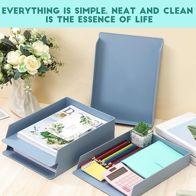 TecUnite 4 Pieces Stackable Letter Trays Blue Rectangular Stackable Office Letter Size Plastic Organizer Desk Tray for Desk Plastic Stacking Support for File Storage Office Classroom