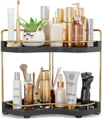2-Tier Corner Bathroom Counter Organizer with Embedded Screw Holes, Secure & Stable Wood Vanity Shelf for Makeup and Skincare Essentials - Space Saving Bathroom Countertop Storage, Black Gold