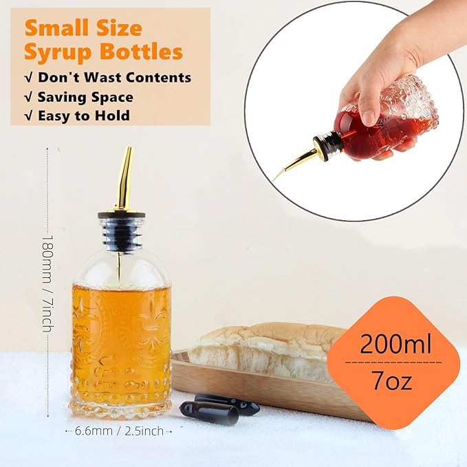 Simple Syrup Bottle, Glass Coffee Syrup Dispenser Bottle 7 OZ With Metal Pour Spout, Labels and Stopper, Glass Syrup Dispenser for Maple Honey Syrup Oil and Sauces, SC059
