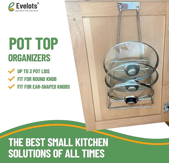 Evelots 2-in-1 Pot Lid Organizer with Towel Holder - 2 Pack, 3-Tier Cabinet Door Rack - Space-Saving Kitchen Organizer for Glass or Metal Pan Lids & Towels - Over the Door Design - Chrome