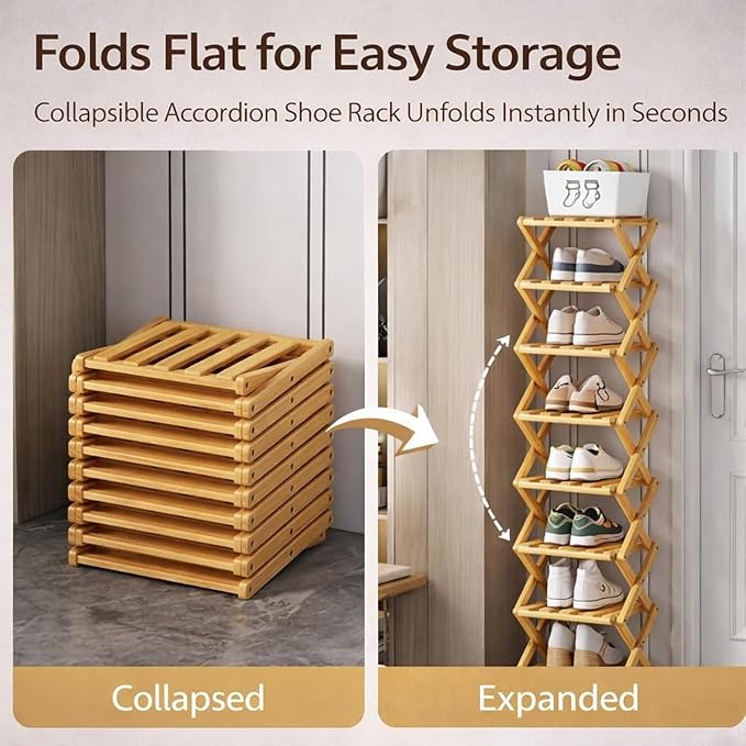 Foldable Shoe Rack, 2-9 Tier No-Tool Assembly Bamboo Organizer with Anti-Wobble X-Design for Small Spaces, Sturdy Vertical Storage Shelf for Entryway, Closet, Apartment & Dorm (Brown,8 Layers)