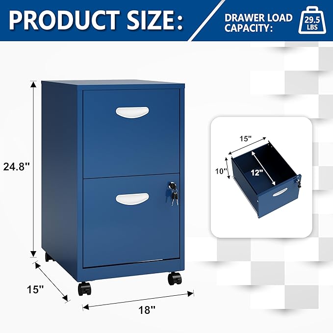 2 Drawer File Cabinet with Lock, Small Rolling Filing Cabinet for Home Office, Metal Mobile File Cabinets on Wheels, Blue Office Cabinets for Letter Size Folders - Assembly Required