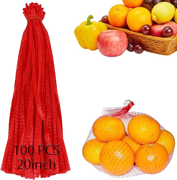100PCS Reusable Mesh Nylon Netting, 20Inch Stretchable Mesh for Vegetables Onion Storage Fruits Seafood and Other Agricultural Products Red (100Pcs-red-20inch)