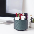 lizimandu Round Leather Art Supply Organizer,Remote Control Holder,360 Degree Spinning,Multi-Functional Pencil Holder,4 Compartments Desktop Stationary Organizer(1-Liuli Green)