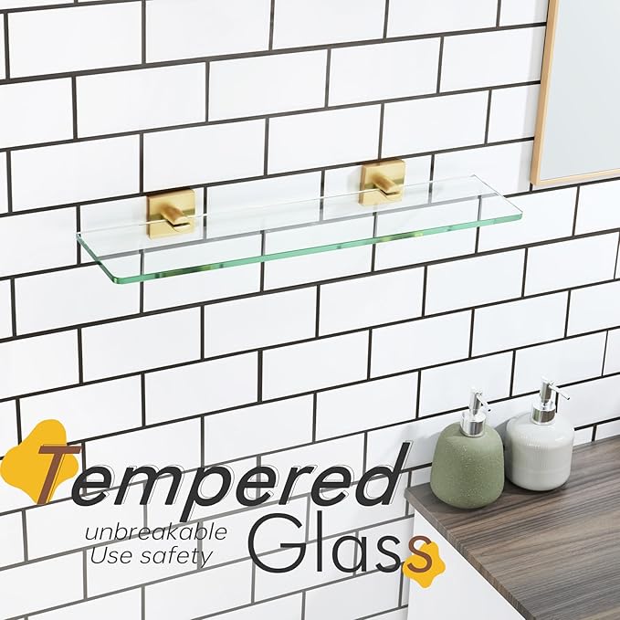 KOKOSIRI Wall Shelves 20-Inch Floating Tempered Glass Shelf for Bathroom Kitchen Hanging Rack Shower Storage, 2 Pack Gold Stainless Steel B1107BG-L20-P2