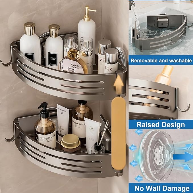 Corner Shower Caddy Suction Cup,2 Pack Shower Shelves with Hooks No Drilling Removable,Large Capacity Bathroom Organizers and Storage,Waterproof Rustproof Shower Bathroom Accessories Decor2 (11.8 in)