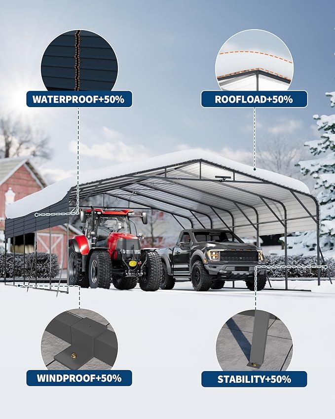 20x25FT Heavy Duty Metal Carport,Outdoor Portable Car Garage w/Led Light,Removable PE SideReinforced Base & Galvanized Steel Roof, Outdoor Car Port Canopy Shelter for Boats, Full-Sized Pickup Trucks