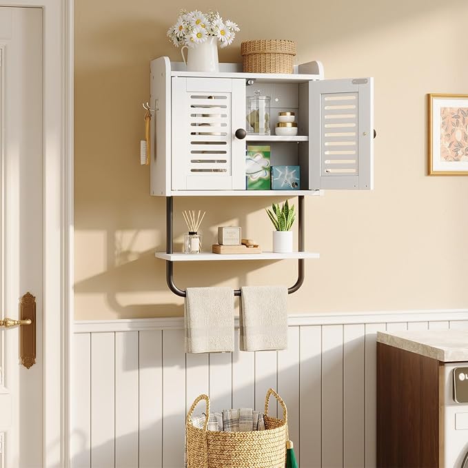 HOOBRO Medicine Cabinet, Double Doors Bathroom Wall Cabinet with Towel Bar, Adjustable Shelf, 2 Hooks, Over The Toilet Storage Cabinet, for Bedroom, Kitchen, White BW46CW01