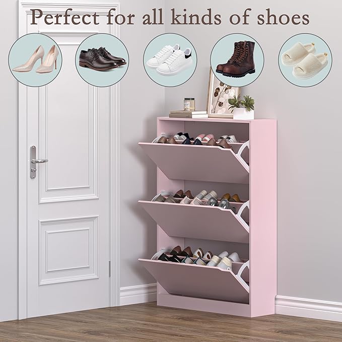 Shoe Cabinet with 3 Flip Drawers, Hidden Wood Shoe Cabinet,Freestanding Shoe Storage Cabinet for Entryway Hallway.White. 47.2" H*31.5" W*9.45" D (Pink)