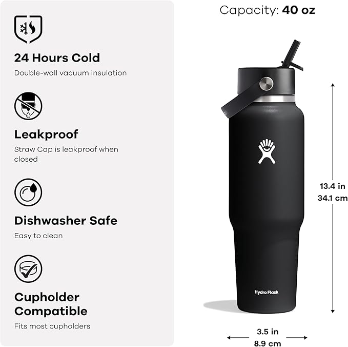 Hydro Flask Travel Water Bottle - Insulated Stainless Steel - Wide Straw Lid, Non Spill, Leakproof in 40 Oz Aloe Green