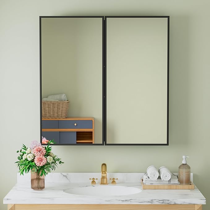 Buruis 30" x 30" Framed Medicine Cabinet with Mirror, Recessed or Wall Mounted Bathroom Cabinet, Adjustable Tempered Glass Shelves, Left/Right Open Reversible, No Assembly Required, Black