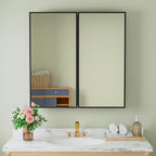 Buruis 30" x 30" Framed Medicine Cabinet with Mirror, Recessed or Wall Mounted Bathroom Cabinet, Adjustable Tempered Glass Shelves, Left/Right Open Reversible, No Assembly Required, Black