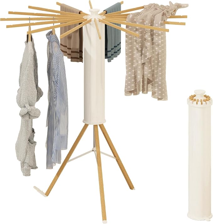 Dr.DJ Tripod Drying Rack, Foldable Octopus Standing Drying Rack Clothing with 16 Wood Drying Arms, Round Collapsible & Portable Handle for Laundry Room, Balcony, Bedroom, RV