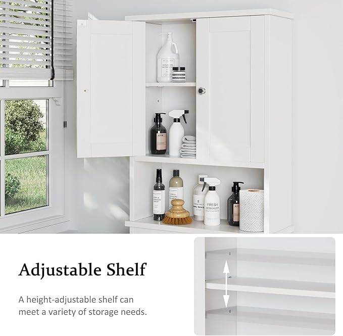 Meilocar Over the Toilet Storage Cabinet, Bathroom Storage Cabinet White Organizer Over Toilet, Bathroom Space Saver with Adjustable Shelf, White