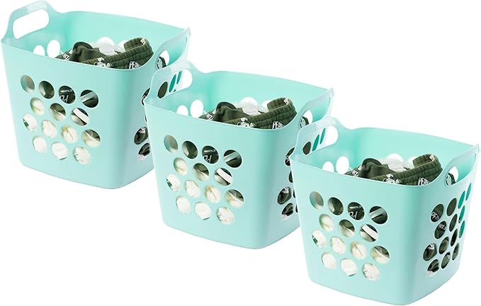 Flexible Plastic Carry Laundry Basket Holder Square Storage Hamper with Side Handles, Green Set of 3