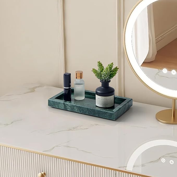 Natural Small Marble Vanity Tray, Luxury Stone Organizer for Bathroom & Kitchen | Holds Soap Dispenser, Jewelry, Perfume | Non-Resin, Non-Ceramic Décor (Green, Mini (7.9" x 4.3" x 0.78"))