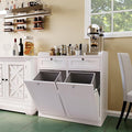 Double Tilt Out Trash Can Cabinet, Dog-Resistant, Fits 13.8"H Bins (Max 11.8"x11.8" Base), Includes Removable Fabric Hamper, Easy Assembly, White for Kitchen & Laundry