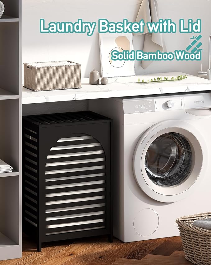 Laundry Hamper, 22.5 Gallon (85L) Bamboo Wood Clothes Laundry Basket with Lid and Handles, Removable Liner (Black, Large)