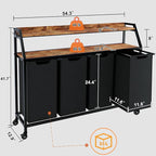 Laundry Hamper, Laundry Sorter with 4 Section, Rolling Basket with Wheels, 2 Shelves, 4 14.5 Gal, Pull-Out and Removable Oxford Fabric Bags for Laundry Room, Black and Rustic Brown