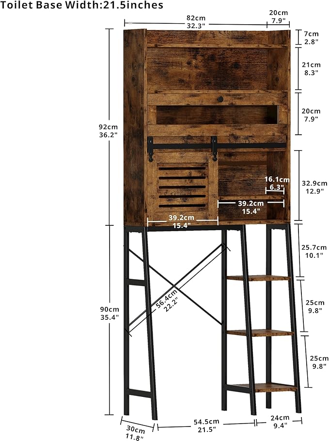 IRONCK Over The Toilet Storage with Cabinet, Sliding Barn Door, Side Storage Open Rack, Mass-Storage Over Toilet Bathroom Organizer for Bathroom, Restroom, Laundry, Vintage Brown