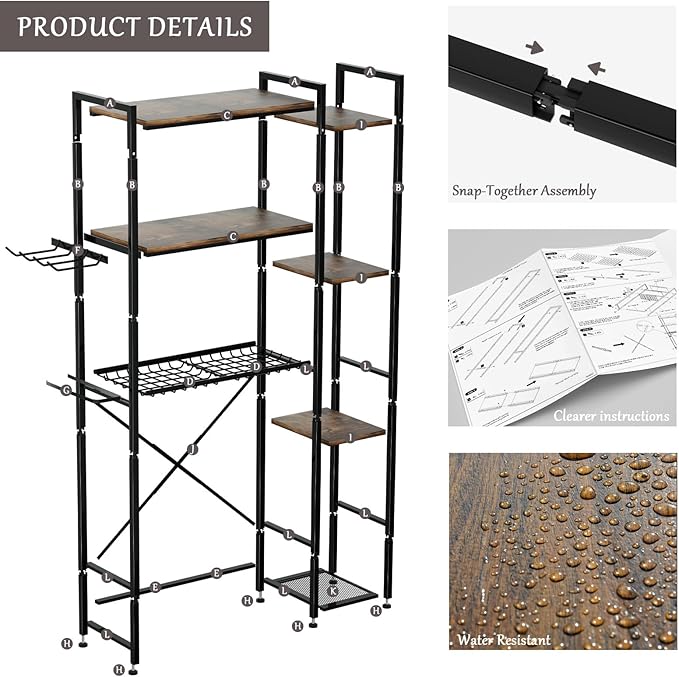 homyfort Over The Toilet Storage Cabinet, 3-Tier Bathroom Shelves Over Toilet, Easy Installation with Drain Basket, Side Rack, X Shape Side Guardrail, Freestanding Toilet Rack for Balcony, Laundry