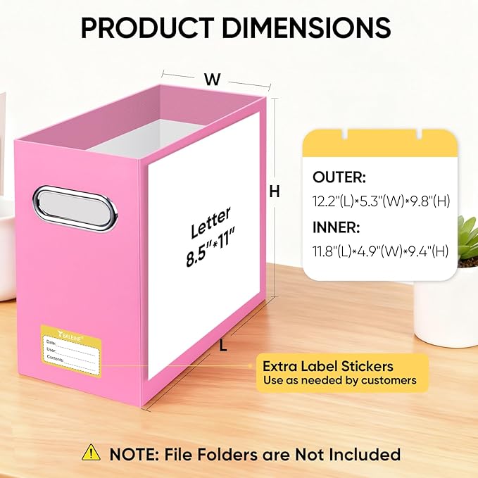 BALEINE File Organizer Box, Cardboard File Folder Organizer with Handle for Letter Size, Portable Collapsible Hanging Filing Box for Home Office Document Storage (4 Pack, Pink)