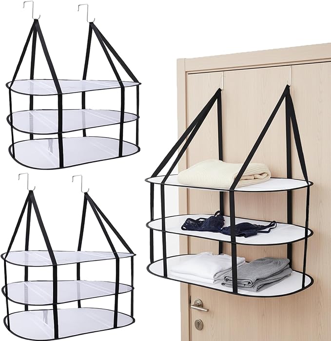 CINPIUK 2 Pcs 3-Tier Sweater Drying Rack Over The Door, Foldable Mesh Hanging Dryer Flat with Hooks, Large Breathable Laundry Drying Hanger, Clothes Lay Flat Dryer for Apartments Dorms Bathrooms