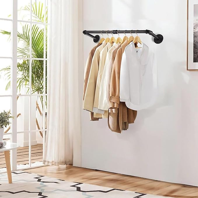 Wall Mount Iron Clothing Rack, Black Steel Laundry Room Drying Rack, Space Saving Coat Closet, 50 lbs Capacity (36 x 11 in)