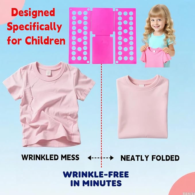 For Kids Ages 1–7 (Up to 48″/120cm) – Mini Kids Clothes Folding Board, Shirt Folder, Compact Laundry Organizer for Small Sizes, Portable Clothes Folder (Magenta)